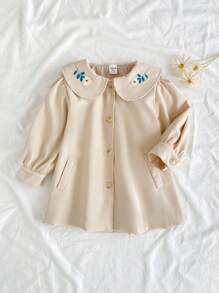 Vintaside Kids Baby Girl This Long-Sleeved Jacket In Apricot Color For Spring And Autumn Is Simple, Casual, Elegant And Versatile. The Flower Embroidery Pattern On The Collar Adds A Atmosphere, And The False Pocket Design Is Simple And Unique. The Puffed Sleeves Are Cute And Playful. Made Of Woven Fabric, They Have A Loose Fit And Are Suitable For Daily Shopping, Participating In Small Activities In Kindergartens, Attending Parties, Etc