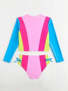 Tween Girls Colorful Printed Splicing Long Sleeve Swimsuit Set, Sun Protection Beach Swimwear - Multicolor - View 2
