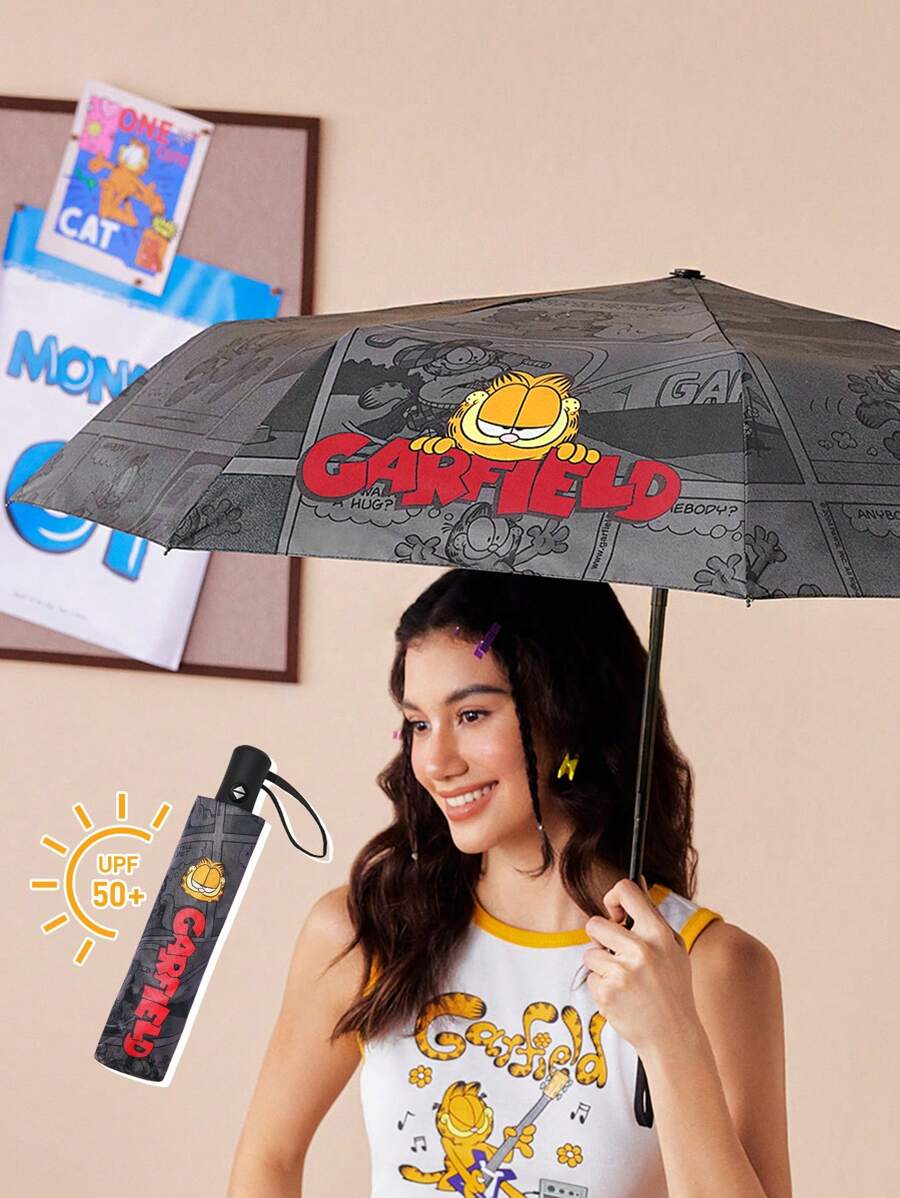 GARFIELD | SHEIN 1 chiếc ô gấp ba tự động đóng mở họa tiết hoạt hình dễ thương, có chức năng chống nắng, thích hợp cho đi học, đi làm, đi chơi và sử dụng hàng ngày, được thiết kế cho sinh viên đại học, học sinh trung học, người dùng nam và nữ, mèo - màu đen - Xem 1