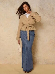 COSMINA 2000 年代女士休闲日常水洗牛仔鱼尾 A 字裙长款牛仔裙，夏季/秋季女装 - 深色水洗藍 - 查看 6