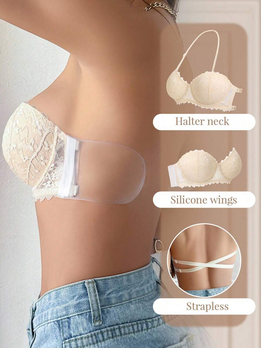 Lace Bra With Underwire & Removable Straps For Small Bust Women Lingerie - Apricot - View 1