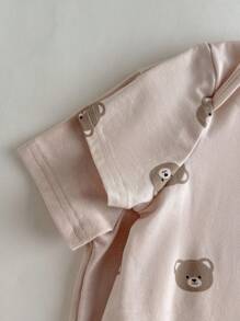 Loomiva 2pcs/Set Baby Boy Cartoon Bear Pattern Knit Soft Crew Neck Short Sleeve Bodysuit - Multicolor - View 7