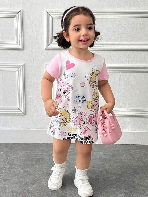 Baby Girls' Casual Comfortable Cartoon Print Round Neck Short Sleeve Dress