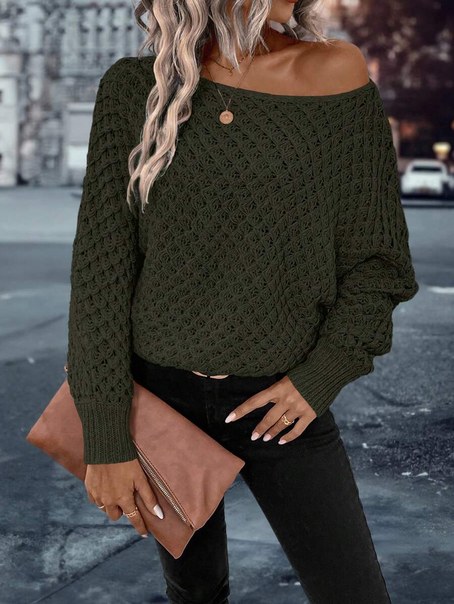 EMERY ROSE Suéter de punto con mangas de murciélago de unicolor minimalista para mujer, otoño e invierno - Verde - Ver 1