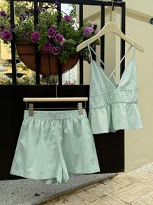 Comfortcana 女士夏季休闲梭织蓝色背心和短裤度假套装 - 綠色 - 查看 4