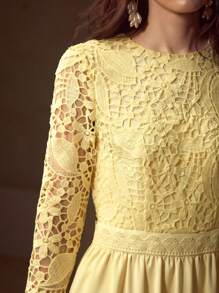 MOTF PREMIUM GUIPURE LACE PANEL ZIPPER BACK FLARE HEM DRESS - Yellow - View 2