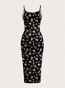 SHEIN EZwear 休闲简约黑底白雏菊全印花女式修身细肩带长裙，适合夏季度假