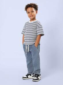 SUMWON 男童宽松牛仔裤，波浪纹拼接，松紧腰带抽绳设计，四季皆宜，日常穿着时尚百搭，适合秋冬季节度假穿着 - 藍色 - 查看 2