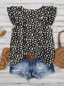 SHEIN LUNE Blusa de verano casual con cuello en V, manga con volantes y estampado floral para mujer talla grande