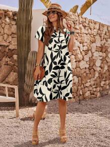 EMERY ROSE Plus Size Women's Black And White Contrasting Branches And Leaves Floral Pattern Short Sleeve Summer Casual Holiday Dress, Gift For Mother, Summer Vacation, Women's Holiday Clothing, Simple And Fashionable, Suitable For Daily Wear, Holiday Atmosphere, Spring Break, Casual Wear SS, Bohemian, Women's Sundress, Sundress Suitable For Going Out,Teacher Outfits For Women Chic Dress
