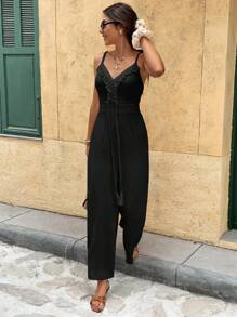 Serisse Women's Solid Color Splice Tassel Wide Leg Jumpsuit For Vacation Black Summer Casual Black Holiday Resort - Black - View 4