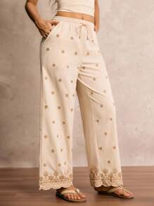 Easelle 女式刺绣阔腿裤 - 米色 - 查看 5