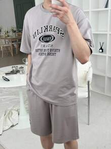 DAZY Bộ áo phông nam in chữ màu xám, mùa hè - Xám - Xem 7