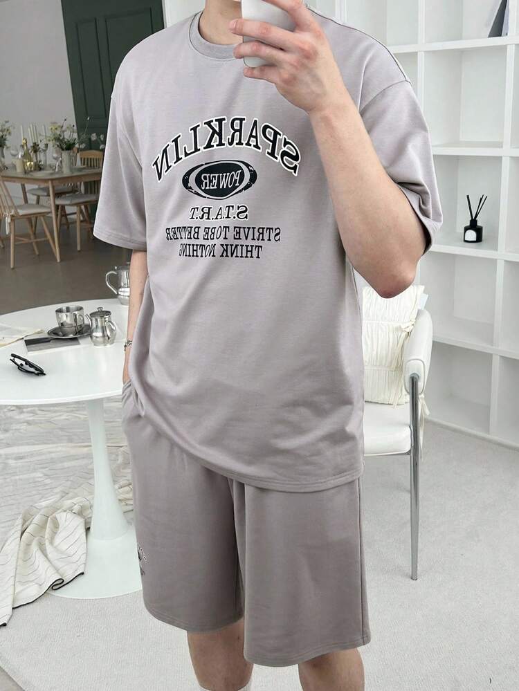 Letter Printed Grey Men's T-Shirt Set, Summer