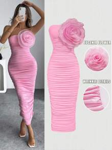 Rafferiza 夏季优雅纯色 3D 花朵褶皱紧身抹胸连衣裙长款女装 - 粉色 - 查看 1