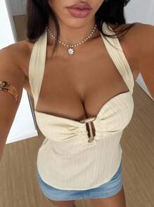 Sunnyshic Áo hai dây buộc cổ hở ngực xếp ly gợi cảm đơn giản màu trơn vải họa tiết mùa hè cho nữ - Màu be - Xem 3