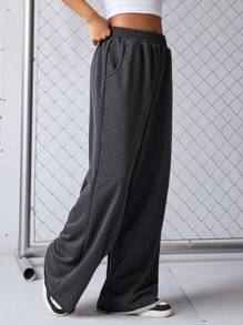 SHEIN Sports 女士松紧腰侧口袋宽松休闲运动阔腿裤 - 黑色 - 查看 2