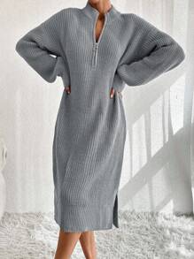 EURMUSE Women Knit Sweater Dress With Zipper Detail,Petite - Light Grey - View 3