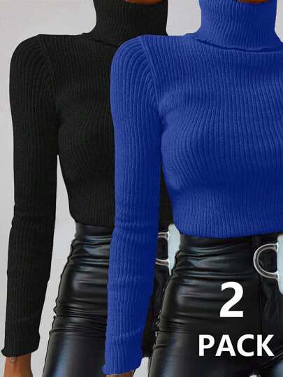 SHEIN 2 pezzi Set Maglione donna a collo alto, attillato, a maniche lunghe, stile versatile