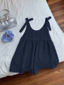 SHEIN Tween Girl Butterfly Strap Romper, Casual Daily All-Match - Navy Blue - View 4