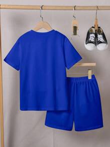 SHEIN Boys' New Smiling Face Print Crew Neck Short Sleeve Blue 2-Piece Set, Casual Daily Versatile, Spring/Summer - Blue - View 3