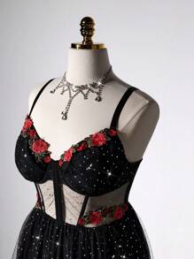 Viva Relle Damen Große Größen symmetrisches Blumen Große Größen Swing Trägerkleid - Schwarz - Übersicht 6
