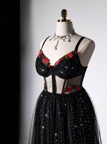 Viva Relle Damen Große Größen symmetrisches Blumen Große Größen Swing Trägerkleid - Schwarz - Übersicht 1