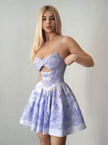 Sweetina Váy mini hở vai in họa tiết spaghetti cho nữ ngày 4 tháng 7 - Màu xanh lam - Xem 6