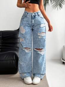 SHEIN EZwear 大码休闲水洗做旧直筒牛仔裤 - 藍色 - 查看 3