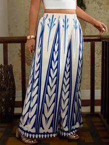 SHEIN VCAY 大码女式蓝白几何图案复古印花阔腿裤，带口袋，宽松休闲裤印花超长短裤女式超长短裤蓝色超长短裤波西米亚风超长短裤蓝白超长短裤度假海滩夏季城市休闲波西米亚风旅行机场外出乡村老钱复古女性，图卢姆，教师返校秋季女装秋季 - 藍白色 - 查看 4