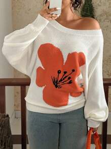 SHEIN VCAY Suéter con estampado floral de manga de bata de talla grande, informal para primavera y otoño, suéter de otoño, suéter, jersey para mujer, suéter floral Y2k 2000s, blusas lindas para salir, blusas gráficas de otoño para mujer, de talla grande, de otoño e invierno para mujer, de vuelta al colegio, casual de negocios, vintage de campo, grunge, básico, cumpleaños para mujer, salida nocturna, maestro para mujer - Beis - Ver 3