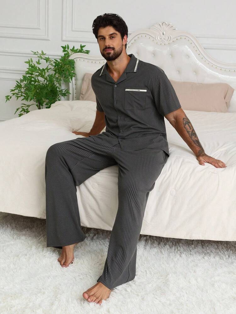 Spring/Summer Letter Tape Design Houndstooth Pattern Deep Grey Shirt With Men's Loungewear Set Pajama