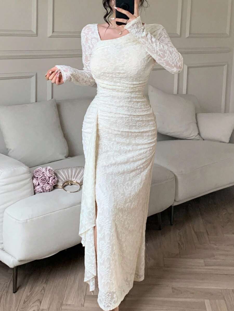 Feyla Vestido elegante y sexy para mujer con dobladillo asimétrico, encaje de jacquard y volantes - Albaricoque - Ver 1