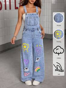 Teen GirlNew Floral, Heart, Rainbow & Graffiti Design Casual Comfortable Soft Denim Jumpsuit ,Y2k Denim Overalls