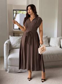 Vionelle 大码女式优雅休闲衬衫裙，立领，腰带，短袖，咖啡色，适合工作、度假、下午茶、音乐节 - 咖啡棕 - 查看 4