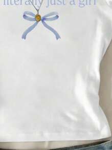 Camiseta de manga corta con lazo y patrón de letras para niña adolescente, diseño lindo, adecuada para primavera y verano