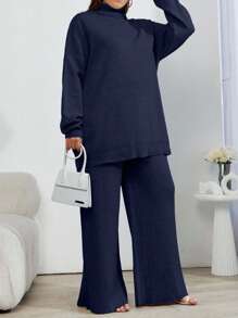 EURMUSE 2 Stücke Pullover mit hohem Ausschnitt und Dropped-Shoulder-Ärmeln und gerippte einfarbige Pullover-Hose