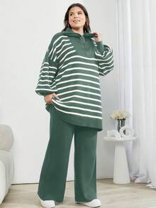 EURMUSE Bộ 3 món áo len cardigan trễ vai họa tiết răng sói và quần dài cho nữ - Màu xanh Bạc hà - Xem 3