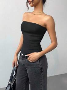 SHEIN LUNE Damen ärmelloses Crop Top mit Rollkragen, Einfarbig, europäisches & amerikanisches Modedesign, körperbetonter Schnitt, Frühling/Sommer - Schwarz - Übersicht 4