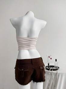 Elamini 女士休闲时尚流苏装饰修身抹胸 - 杏色 - 查看 2