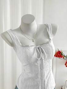 Sweetra Áo ba lỗ thêu ren lãng mạn kiểu Pháp dành cho nữ, thiết kế vừa vặn, không tay, áo lót đa năng hoặc áo khoác ngoài - trắng - Xem 4