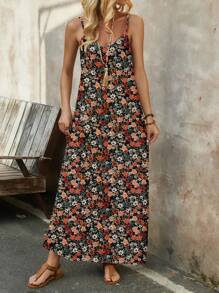 SHEIN LUNE 女士舒适弹力针织花卉印花休闲连衣裙，适合春夏季度假 - 彩色 - 查看 1