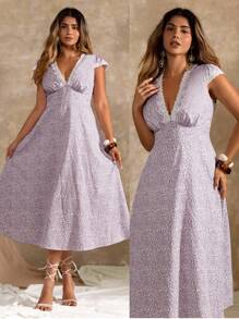 Flirla 大码女式V领短袖褶饰A字中长碎花连衣裙 - 淡紫色 - 查看 8