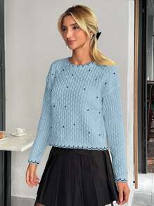 EURMUSE Áo len dệt kim cổ tròn đính đá và họa tiết tương phản cho nữ dáng thường mùa đông - Màu xanh lam - Xem 3