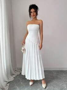 Elenzga Women Bustier Top With Pleated Skirt 2 Pieces Knit Set - White - View 4