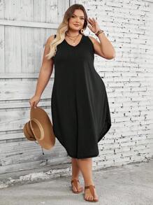 SHEIN CURVE+ Curve Plus Size/Autumn Clothes /Fall Women Clothes/Winter Clothes For Women/Winter ClothesPlus Size Women's Solid Color Curved Hem Vest Dress Plus Size Dresses Plus Size Casual Dress Curvy Dress 8xl Dresses 5xl Dresses