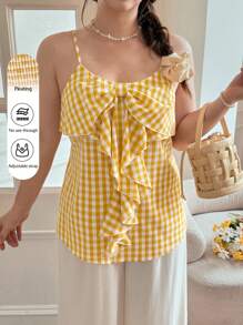 SHEIN LUNE Plus Size Women Yellow & White Plaid Ruffle Strap Back Cami Top Fall Country Concert Vintage Teacher Butter Yellow Top, 90s Back To School Homecoming Cute Streetwear Going Out