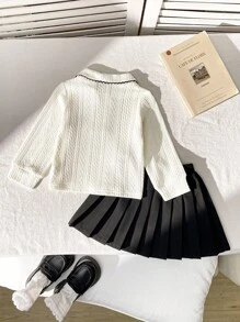 Souflis Souflis 2 件套女婴优雅可爱提花纹理针织长袖 Polo 领开衫上衣和松紧腰百褶裙套装，适合通勤、上学、休闲、度假、运动、家居、6 个月-3 岁、儿童/婴儿服装、返校、所有季节 - 杏色 - 查看 2