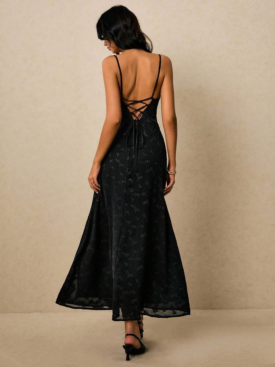 Vestido midi elegante sin mangas con cintura drapeada y estampado floral jacquard para mujeres en verano - Negro - Ver 1