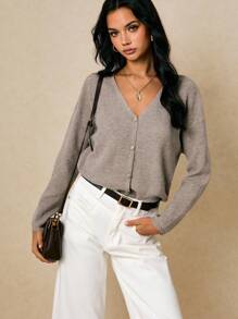 Poéselle 女式纯色 V 领蝙蝠袖单排扣休闲开衫、女式开衫、女式开衫毛衣、秋冬棕色开衫 - 卡其色 - 查看 4